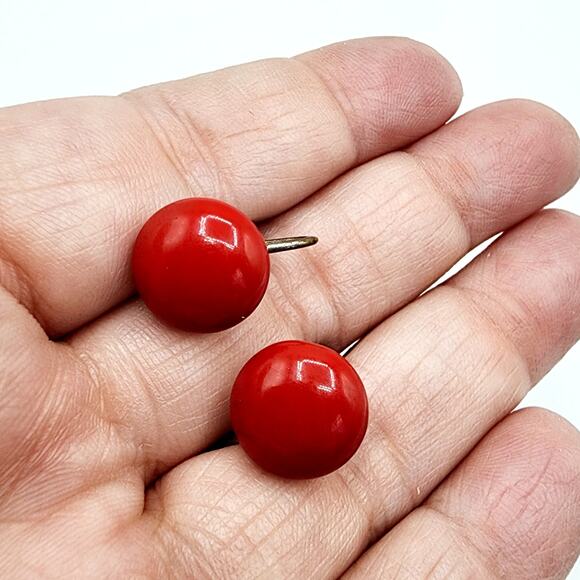 Vintage 1940s, 50s Cherry Red Glass Button Earrings Screw-Back Atomic Retro Pop - Picture 4 of 5